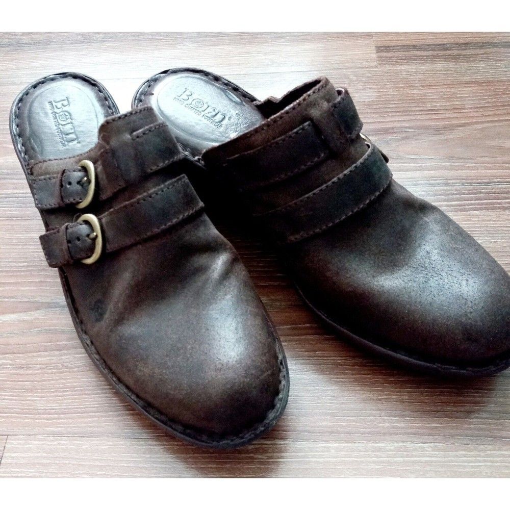 BORN Brown Clogs Slip-On Leather Buckle Suede Grannycore Comfort Shoes Size 10M